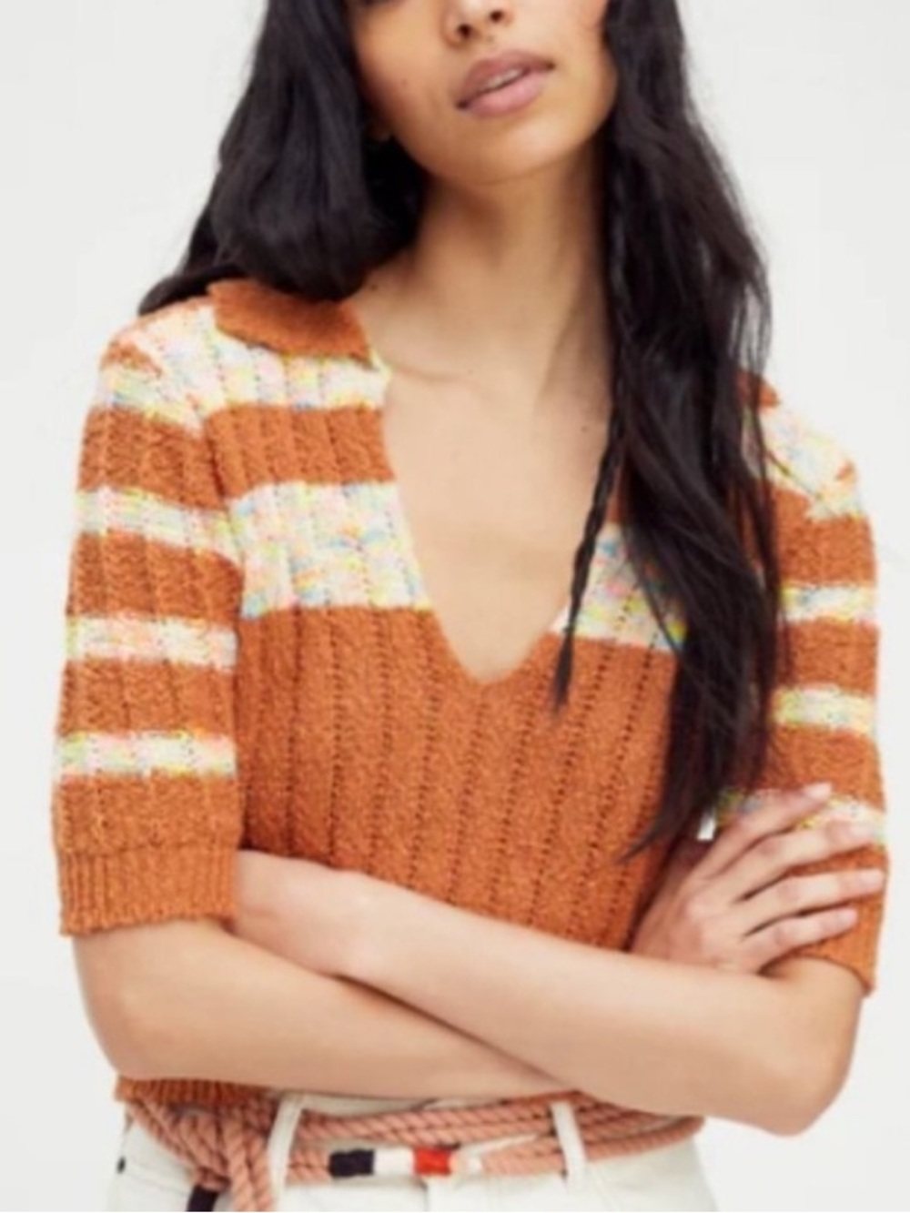 Free people Rust and neon  Stripe Knit V-Neck Short-Sleeve Sweater! L